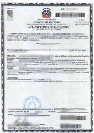 Das Bild zeigt eine Geburtsurkunde aus der Dominikanischen Republik (DomRep) für die beglaubigte Übersetzung.