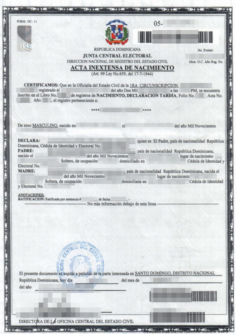 Das Bild zeigt eine Geburtsurkunde aus der Dominikanischen Republik (DomRep) für die beglaubigte Übersetzung.