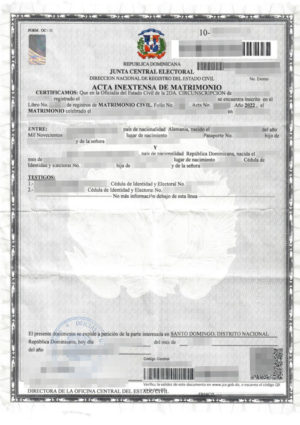 La imagen muestra un acta de matrimonio de la Republica Dominicana para la traducción jurada al alemán.