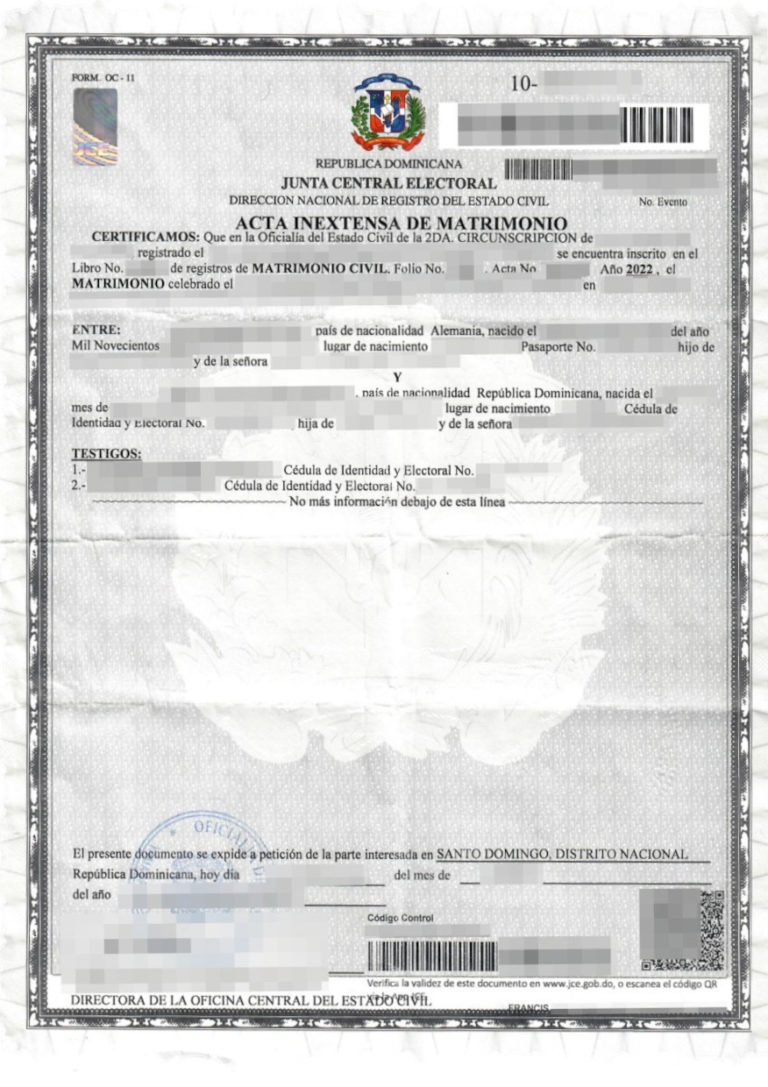 Das Bild zeigt eine Heiratsurkunde aus der Dominikanischen Republik (DomRep) für die beglaubigte Übersetzung.
