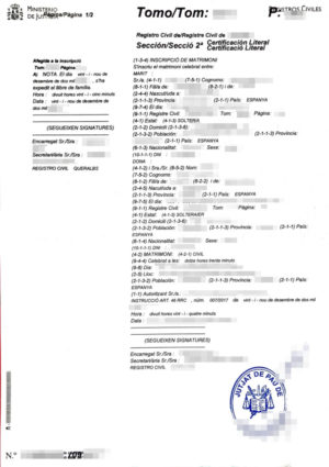 La imagen muestra un certificado de matrimonio español para la traducción jurada del catalán al alemán.