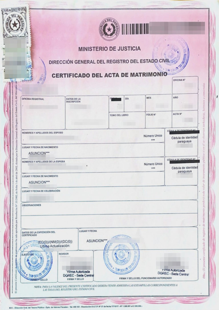 Das Bild zeigt eine Heiratsurkunde aus Paraguay für die beglaubigte Übersetzung.