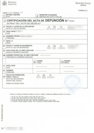 Traducción jurada de la certificación del acta de defunción de España al alemán.