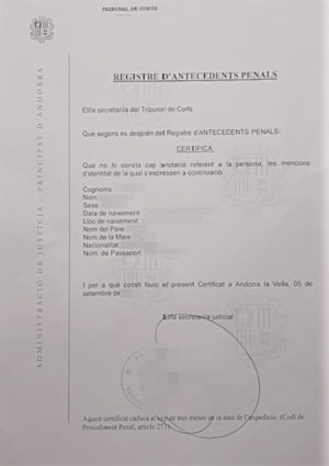 The image shows a catalan certificate of good conduct from Andorra for the sworn translation.