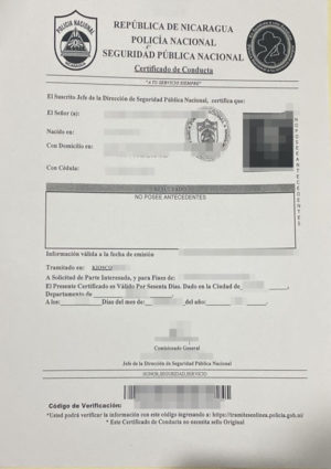 La imagen muestra un certificado de conducta de Nicaragua para la traducción jurada.