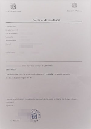 La imagen muestra un certificado de residencia del Principat de Andorra para la traducción jurada del catalán al alemán