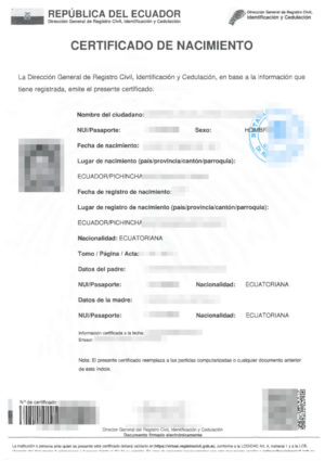 The picture shows a birth certificate from Ecuador for the sworn translation into German.