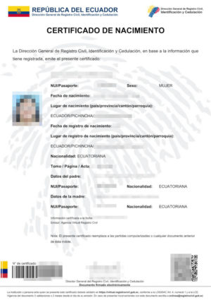 La imagen muestra un certificado de nacimiento de la República del Ecuador para su traducción jurada al alemán.