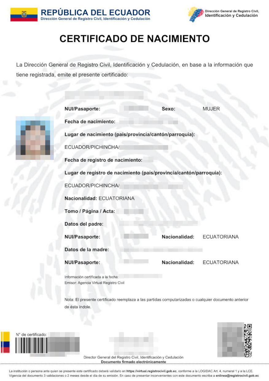 Beglaubigte Übersetzung Auszug Geburtenregister Ecuador 8488