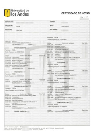 La imagen muestra un certificado de estudios de Colombia para la traducción al alemán.