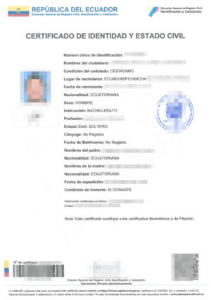 Das Bild zeigt eine Personenstandsbescheinigung/Ledigkeitsbescheinigung aus Ecuador für die beglaubigte Übersetzung.