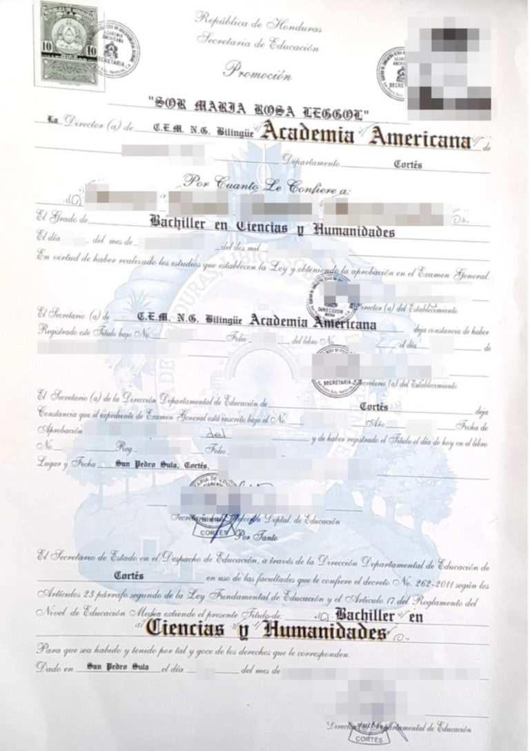 Das Bild zeigt ein Schulabschluss aus Honduras für die beglaubigte Übersetzung ins Deutsche.