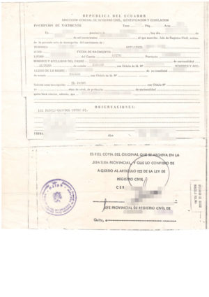 The picture shows a birth certificate from Ecuador for the certified translation into German.