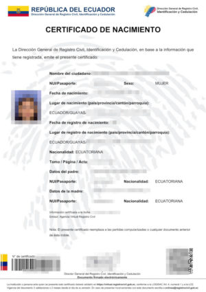 La imagen muestra un certificado de nacimiento de la República del Ecuador para su traducción jurada al alemán.