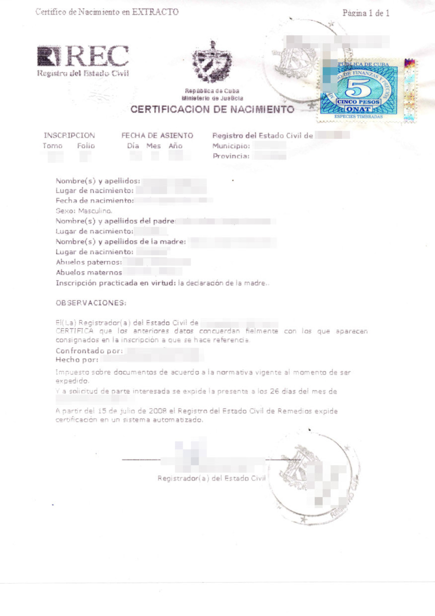 The picture shows a birth certificate from Cuba for the sworn translation into German.