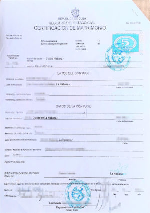 Das Bild zeigt eine kubanische Heiratsurkunde für die beglaubigte Übersetzung ins Deutsche.