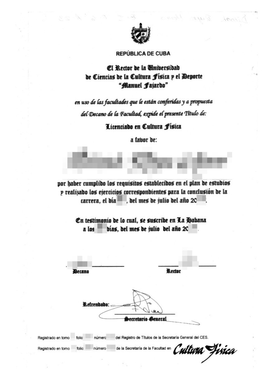 La imagen muestra el título del Licenciado de una Universidad cubana para la traducción jurada al alemán.
