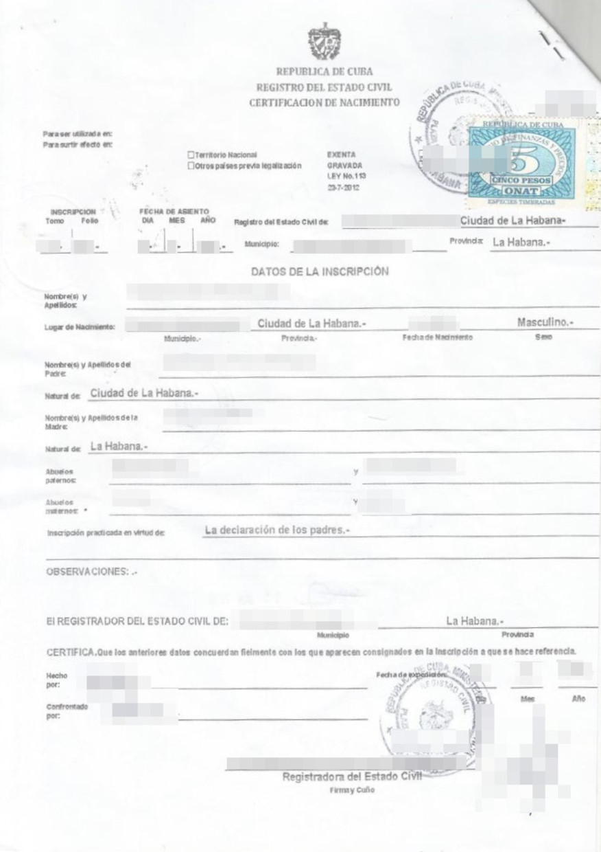Das Bild zeigt eine Geburtsurkunde aus Kuba für die beglaubigte Übersetzung aus dem Spanische.