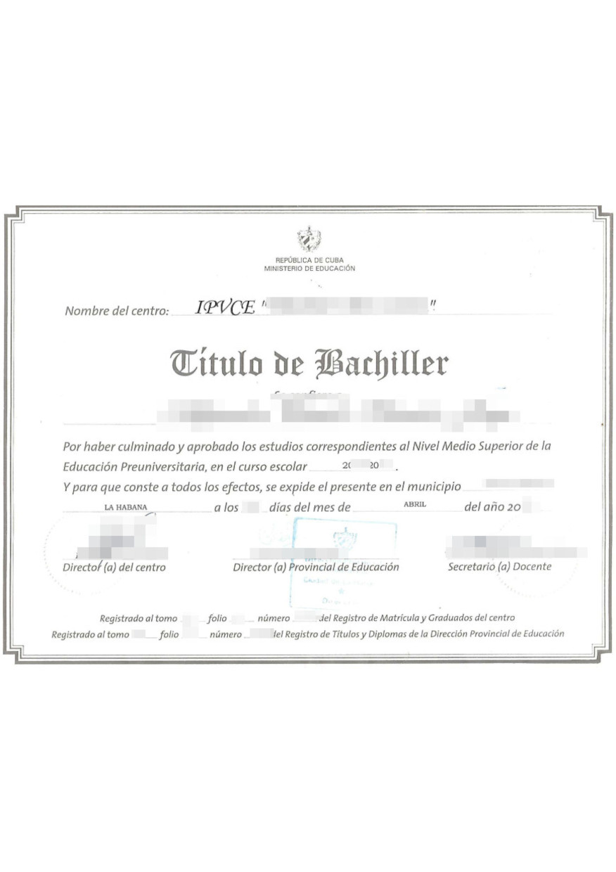La imagen muestra el título del Bachiller de la República de Cuba para la traducción jurada al alemán.