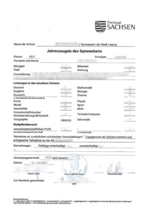 La imagen muestra un certificado de notas de Alemania para su traducción oficial.