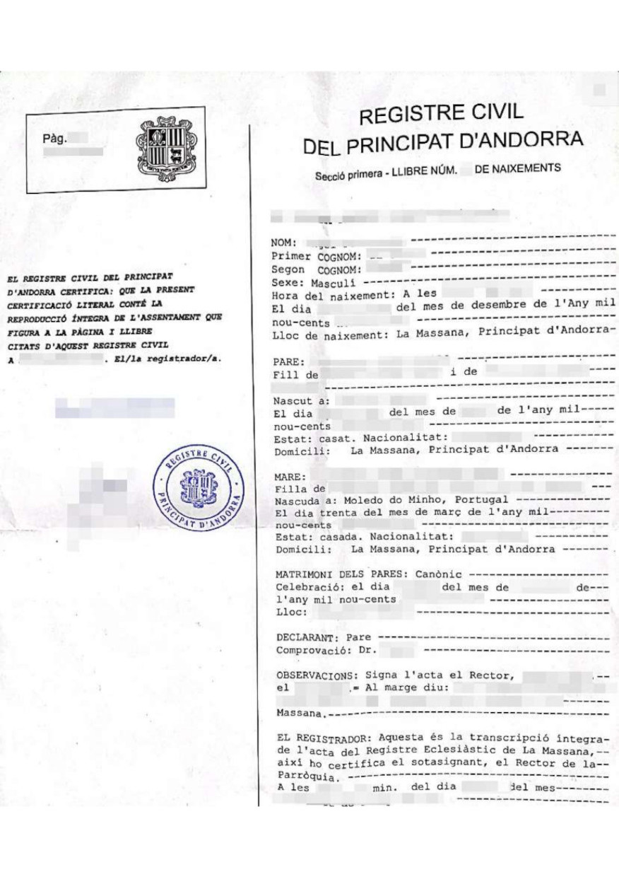 Das Bild zeigt eine Geburtsurkunde aus Andorra für die beglaubigte Übersetzung ins Deutsche.
