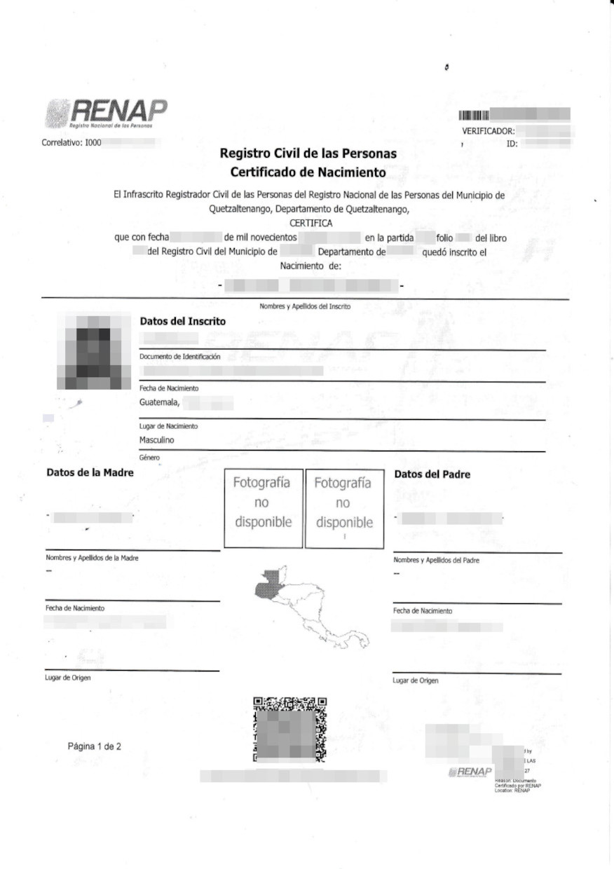 Das Bild zeigt eine Geburtsurkunde aus Guatemala für die beglaubigte Übersetzung ins Deutsche.