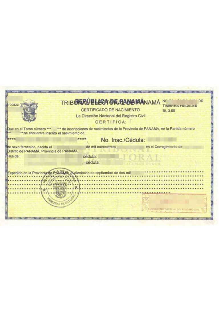 Das Bild zeigt eine Geburtsurkunde aus Panama für die beglaubigte Übersetzung ins Deutsche.