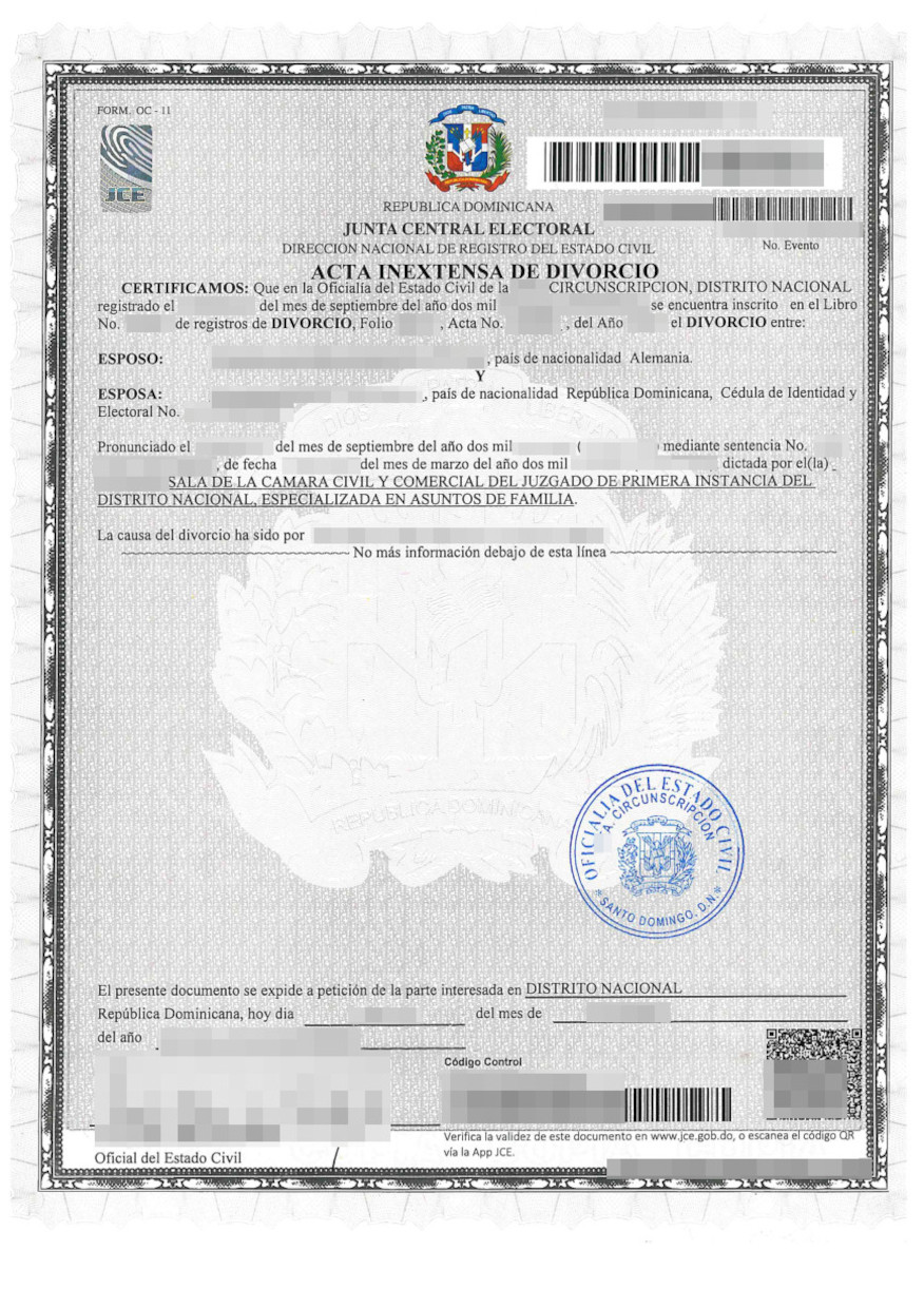 Das Bild zeigt eine Scheidungsurkunde aus der Dominikanischen Republik für die beglaubigte Übersetzung ins Deutsche.