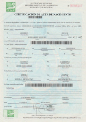 The picture shows a birth certificate from Honduras for the sworn translation into German.