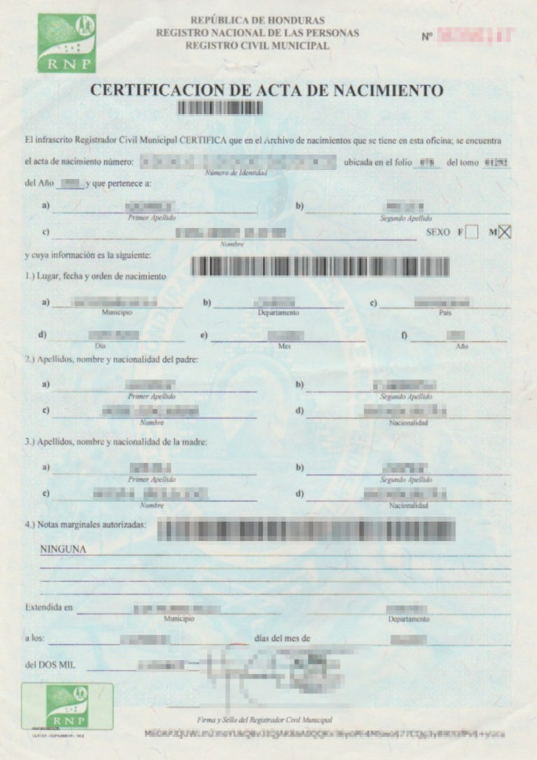 Das Bild zeigt eine Geburtsurkunde aus Honduras für die beglaubigte Übersetzung ins Deutsche.