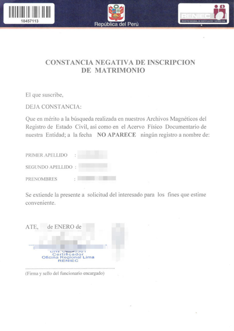 Das Bild zeigt eine Negativbescheinigung des Eheeintrags aus Peru für die beglaubigte Übersetzung Spanisch-Deutsch.