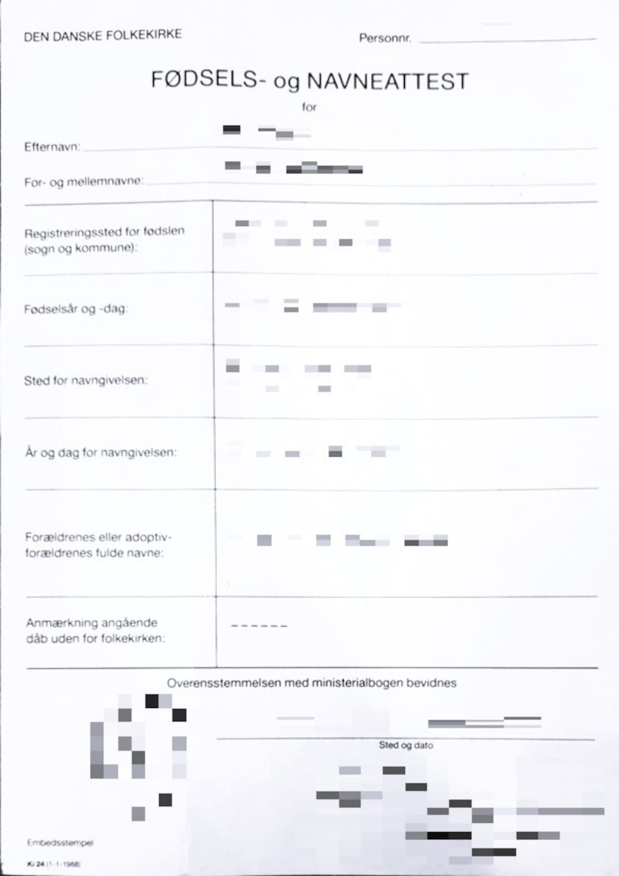 Das Bild zeigt eine dänische Geburtsurkunde für die beglaubigte Übersetzung ins Deutsche.