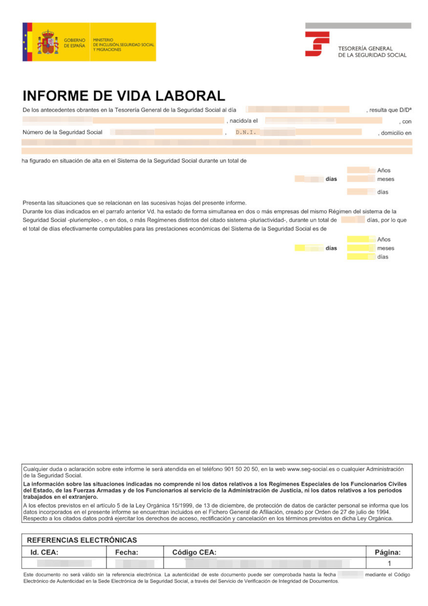 Das Bild zeigt den Sozialversicherungsverlauf "vida laboral" aus Spanien für die beglaubigte Übersetzung ins Deutsche.