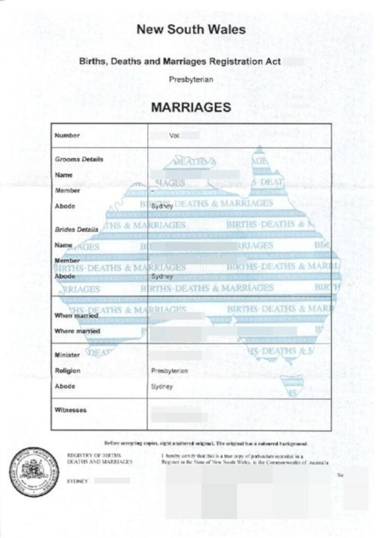 Das Bild zeigt eine Heiratsurkunde aus Australien für die beglaubigte Übersetzung ins Deutsche.