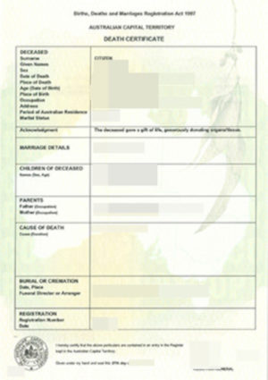 The image shows a death certificate from Australia for the oficial translation into German.