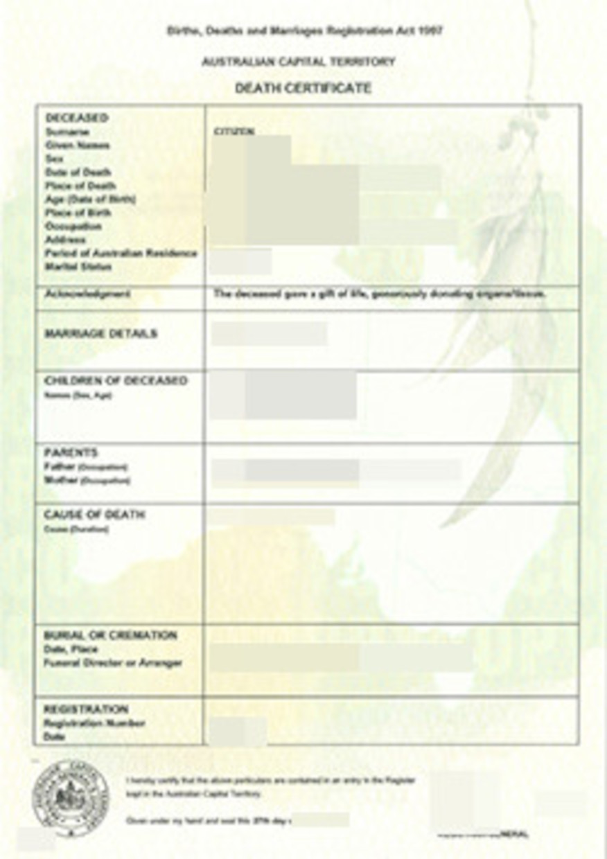The image shows a death certificate from Australia for the oficial translation into German.