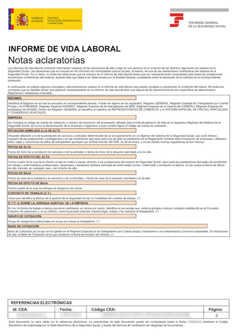Das Bild zeigt die Erklärungen zum Sozialversicherungsverlauf "vida laboral" aus Spanien für die beglaubigte Übersetzung ins Deutsche.