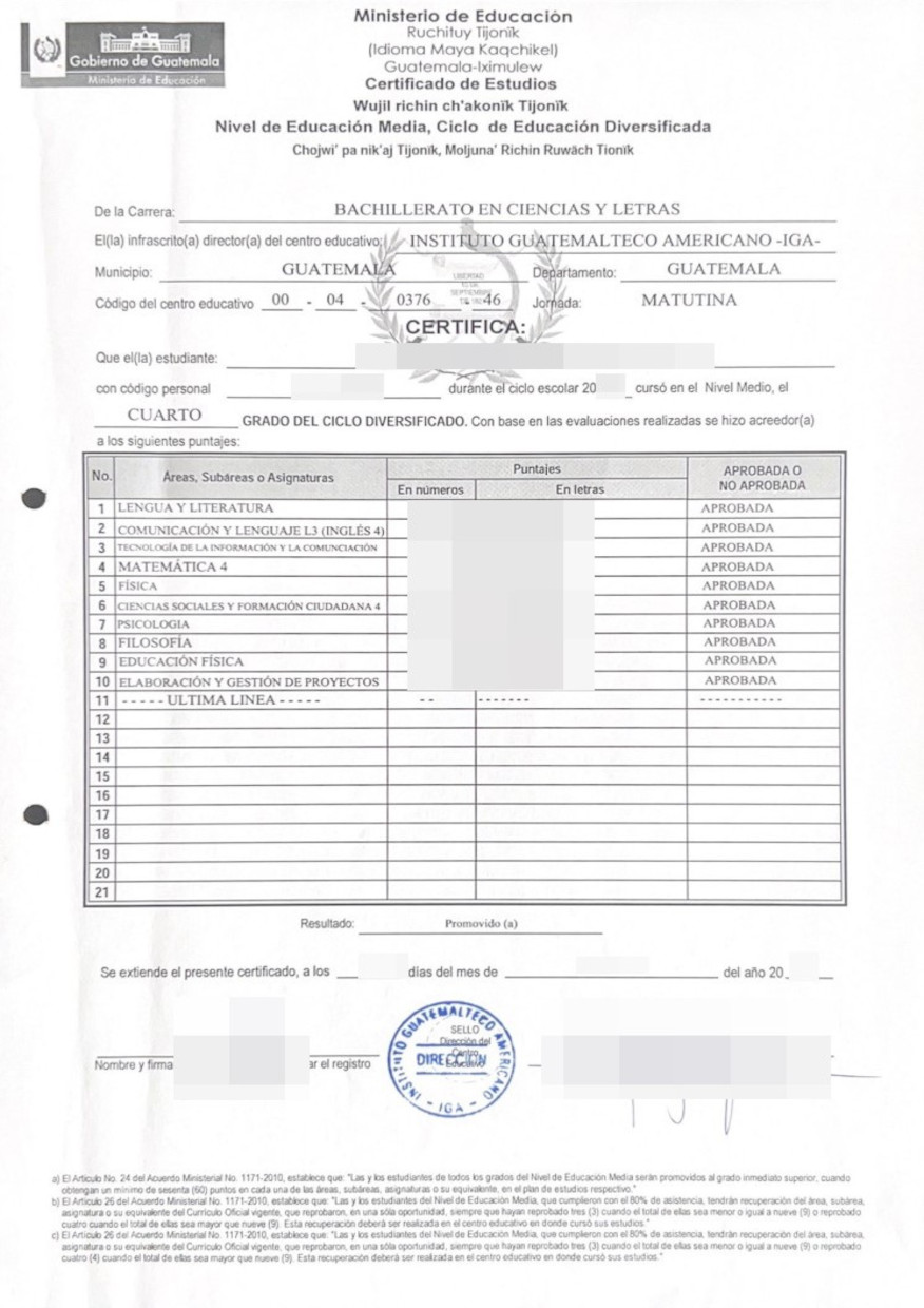 La imagen muestra un certificado de estudios del Bachiller en ciencias y letras de Guatemala para su traducción oficial al alemán.