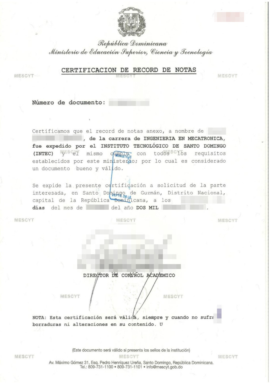 La imagen muestra un certificado de record de notas de la República Dominicana para su traducción oficial al alemán.