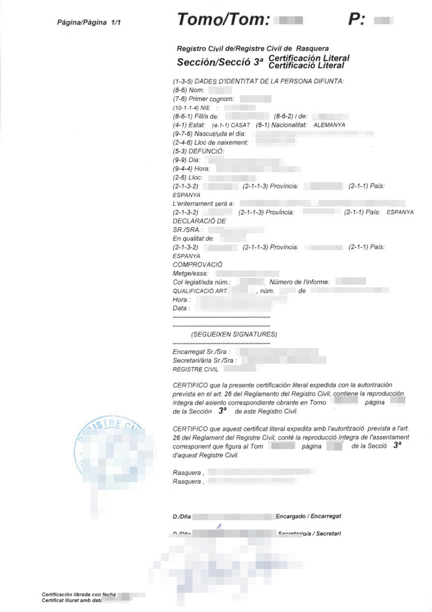 La imagen muestra un certificado de defunción de España para su traducción jurada al alemán.
