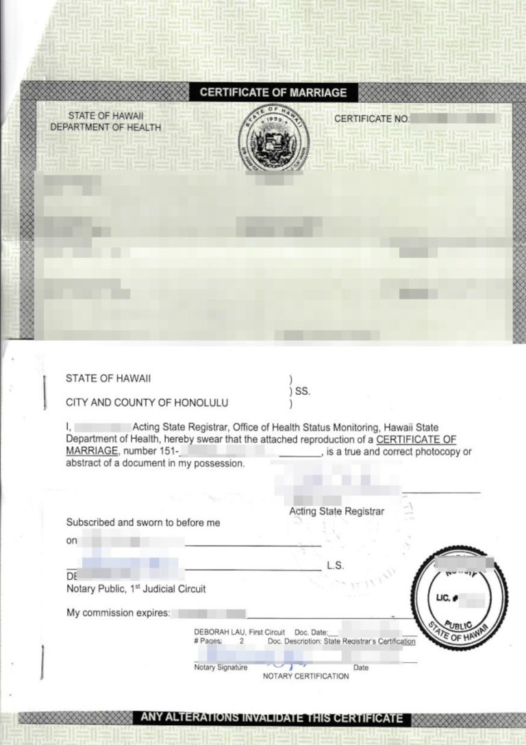Das Bild zeigt eine Überbeglaubigung auf einer Heiratsurkunde aus dem US-Bundesstaat Hawaii für die beglaubigte Übersetzung ins Deutsche.