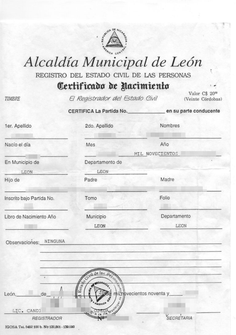 Das Bild zeigt eine Geburtsurkunde aus Nicaragua für die beglaubigte Übersetzung Spanisch-Deutsch.