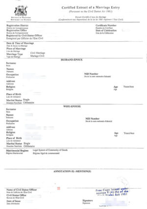 Mauritius Certificate of Marriage